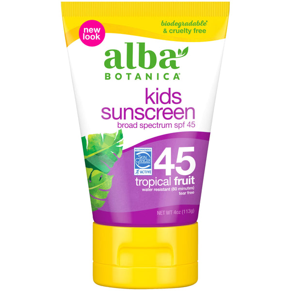 Alba Botanica Kids Sunscreen Lotion SPF 45, Tropical Fruit, 4 oz