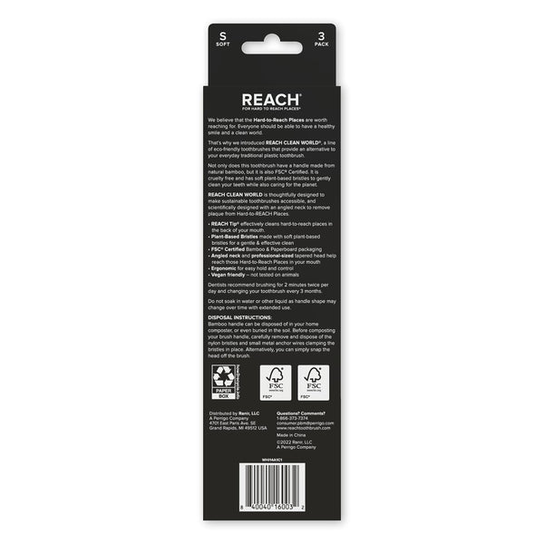 REACH Clean World Natural Bamboo Toothbrush, Soft Plant-Based Bristles, FSC Certified Bamboo and Paperboard, Recyclable Packaging, 3 Count