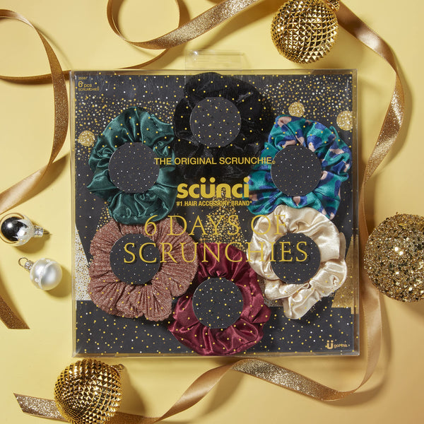 The Original Scrunchie Six Days of Scrunchies Fashion Gift Set Includes 6 Unique Designs: Black Velvet, Emerald Satin, Animal Velvet, Burgundy Satin, Pink Metallic, White Satin in Presentation Box