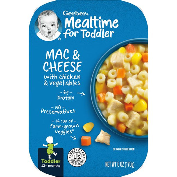 Gerber Mealtime for Toddler, Mac and Cheese with Chicken and Vegetables Toddler Food, 6 oz Tray