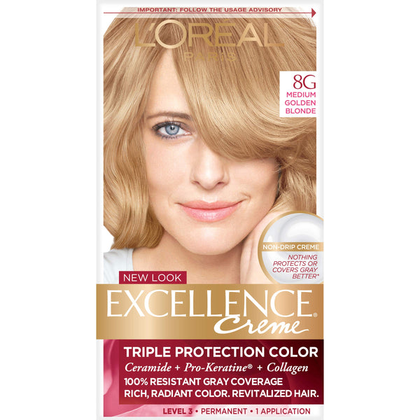 L'Oréal Paris Excellence Créme Permanent Hair Color, 8G Medium Golden Blonde, 1 kit 100% Gray Coverage Hair Dye