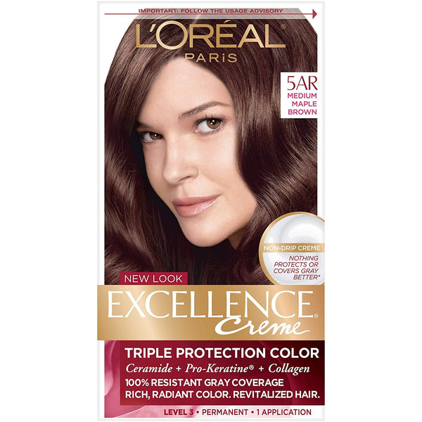 L'Oreal Paris Excellence Creme Permanent Hair Color, 5AR Medium Maple Brown, 100% Gray Coverage Hair Dye, Pack of 1