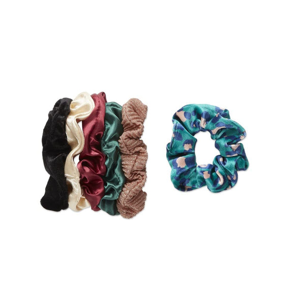 The Original Scrunchie Six Days of Scrunchies Fashion Gift Set Includes 6 Unique Designs: Black Velvet, Emerald Satin, Animal Velvet, Burgundy Satin, Pink Metallic, White Satin in Presentation Box