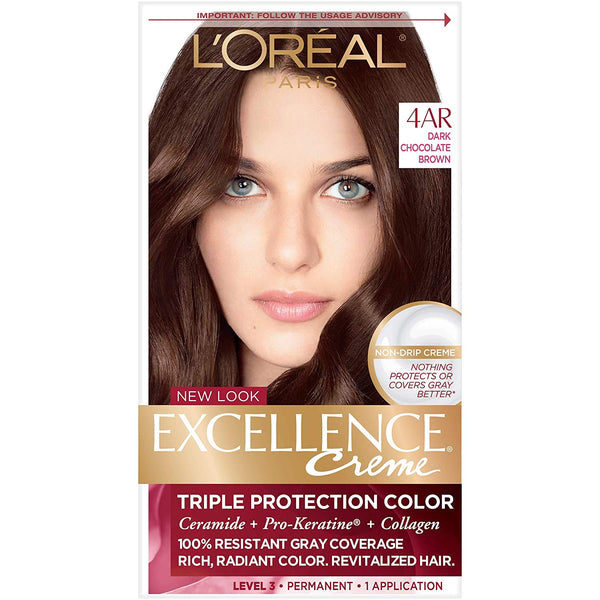 L'Oreal Paris Excellence Creme Permanent Hair Color, 4AR Dark Chocolate Brown, 100 percent Gray Coverage Hair Dye, Pack of 1