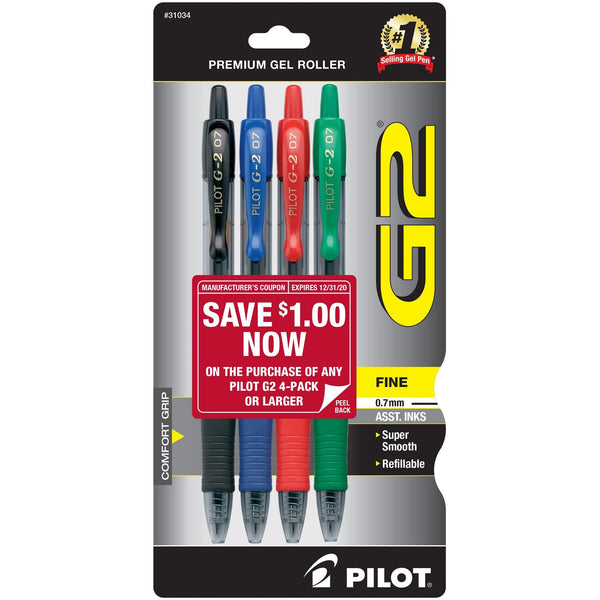 Pilot G2 Premium Retractable Gel Ink Rolling Ball Pen, Fine Point (0.7 mm), Assorted Ink, 4 Count 17510775