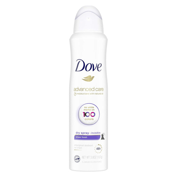 Dove Advanced Care Invisible Dry Spray Antiperspirant Deodorant No White Marks on 100 Colors Sheer Fresh 48-Hour Sweat and Odor Protecting Deodorant for Women 3.8 oz