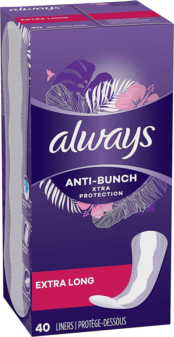 Always Anti-Bunch Xtra Protection Daily Liners Extra Long Unscented, Anti Bunch Helps You Feel Comfortable, 40 Count