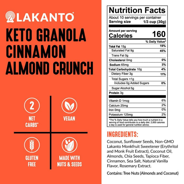 Lakanto Cinnamon Almond Crunch Granola - Delicious Snack, Quick Breakfast Cereal, Keto Friendly, Monk Fruit Sweetener, No Sugar Added, Vegan, Gluten Free, Grain Free, 4g Net Carbs (11 Oz)