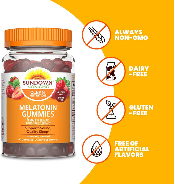 Sundown Melatonin 5mg Gummies for Sleep Support, Non-GMO, Dairy-Free, Gluten-Free, Natural Strawberry Flavor, 60 Count