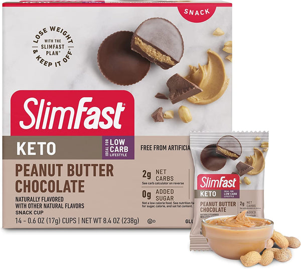 SlimFast Low Carb Chocolate Snacks, Keto Friendly for Weight Loss with 0g Added Sugar & 3g Fiber, Peanut Butter Chocolate, 14 Count Box (Packaging May Vary)