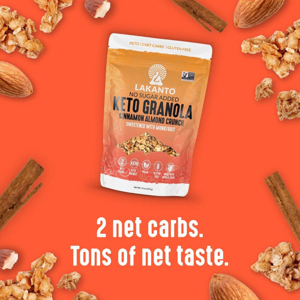 Lakanto Cinnamon Almond Crunch Granola - Delicious Snack, Quick Breakfast Cereal, Keto Friendly, Monk Fruit Sweetener, No Sugar Added, Vegan, Gluten Free, Grain Free, 4g Net Carbs (11 Oz)