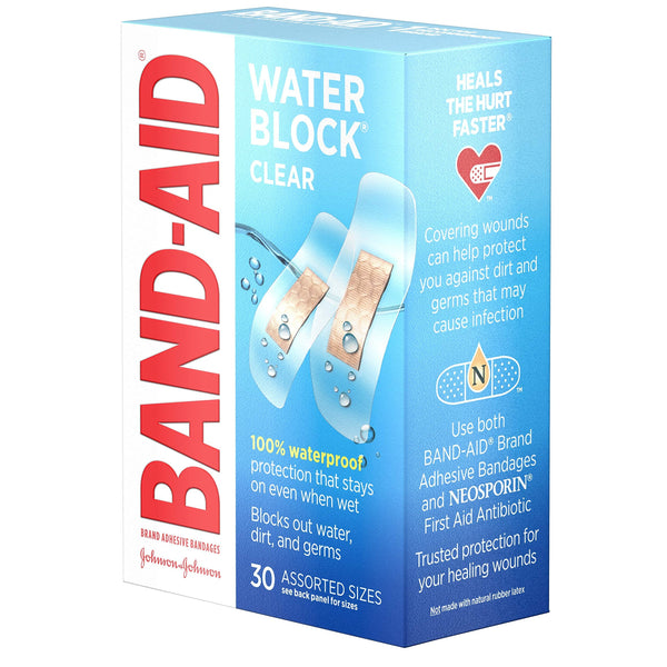 Band-Aid Brand Water Block Clear Waterproof Sterile Adhesive Bandages for First-Aid Wound Care of Minor Cuts and Scrapes, Assorted Sizes, 30 ct