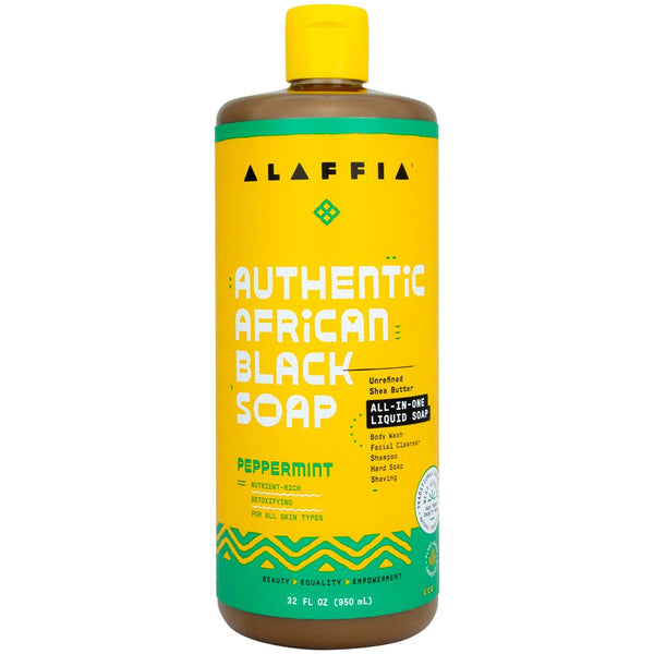 Alaffia Skin Care, Authentic African Black Soap, All in One Body Wash, Face Wash, Shampoo & Shaving Soap with Fair Trade Shea Butter, Peppermint 32 Fl Oz