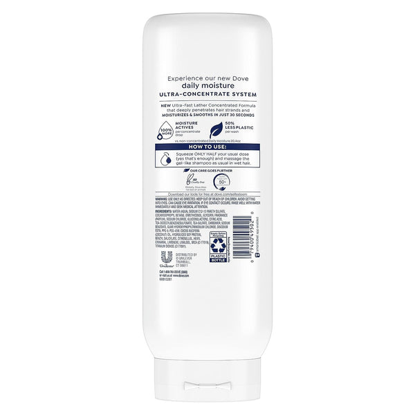 Dove Ultra Daily Moisture Concentrate Shampoo for Dry Hair Moisturizes and Smooths in 30 Seconds, Ultra-Lather Technology and 2X More Washes 20 oz