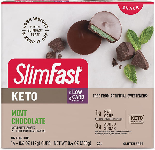 SlimFast Low Carb Chocolate Snacks, Keto Friendly for Weight Loss with 0g Added Sugar & 3g Fiber, Mint Chocolate Cup, 14 Count Box (Packaging May Vary)