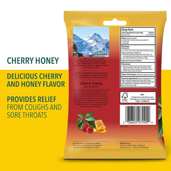 Ricola Cherry Honey Throat Drops, 24 Drops, Naturally Soothing Relief that