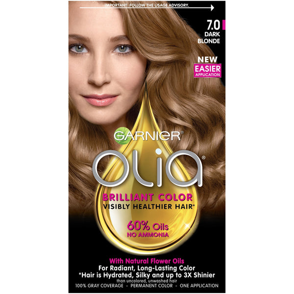 Garnier Olia Ammonia Free Permanent Hair Color, 100% Gray Coverage (Packaging May Vary), 7.0 Dark Blonde, Pack of 1