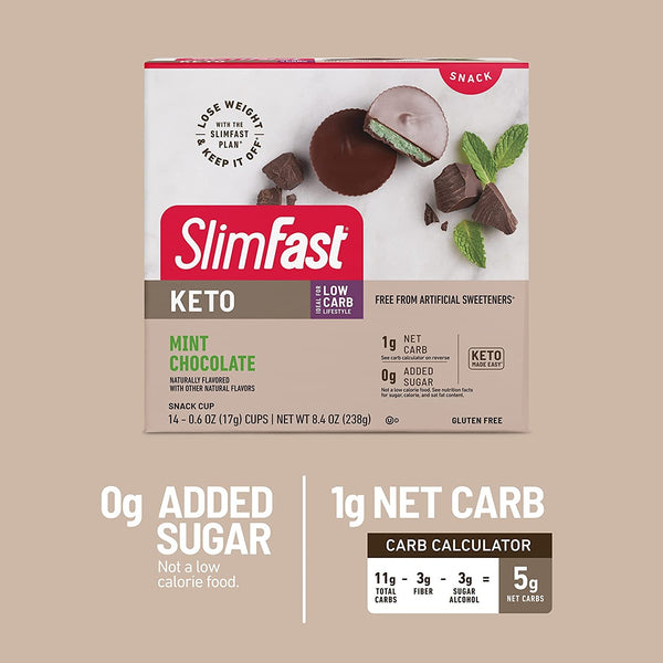 SlimFast Low Carb Chocolate Snacks, Keto Friendly for Weight Loss with 0g Added Sugar & 3g Fiber, Mint Chocolate Cup, 14 Count Box (Packaging May Vary)