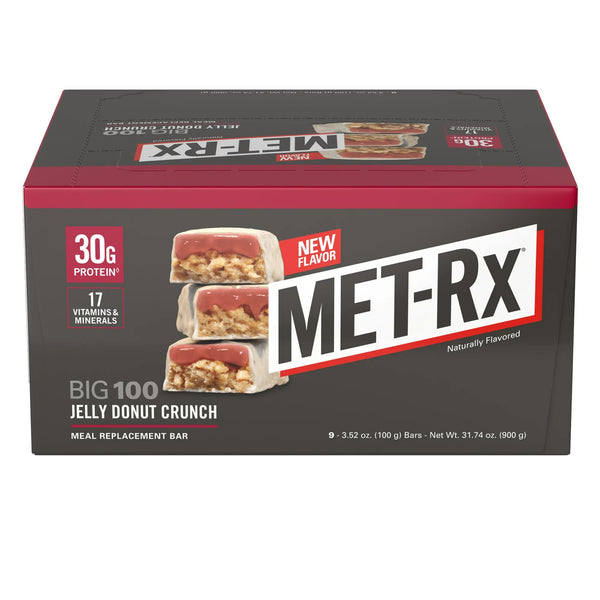 MET-Rx Big 100 Protein Bars, Jelly Donut Crunch, 30g Protein, 9 Ct