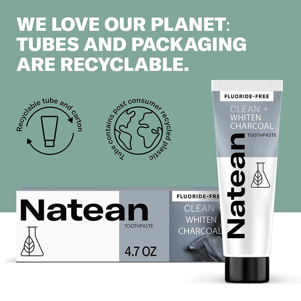 Natean Clean + Whiten Charcoal Toothpaste, Fluoride Free, Clean Mint - 4.7 Oz Tube