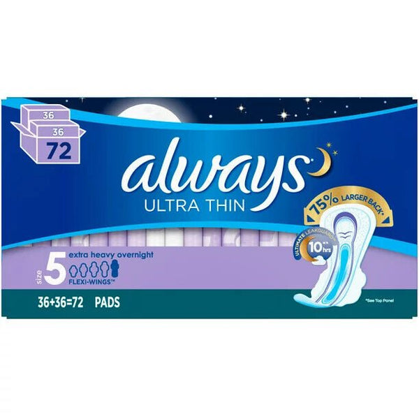 Always Ultra Thin, Size 5, Extra Heavy Overnight Pads With Wings, (72 Count)