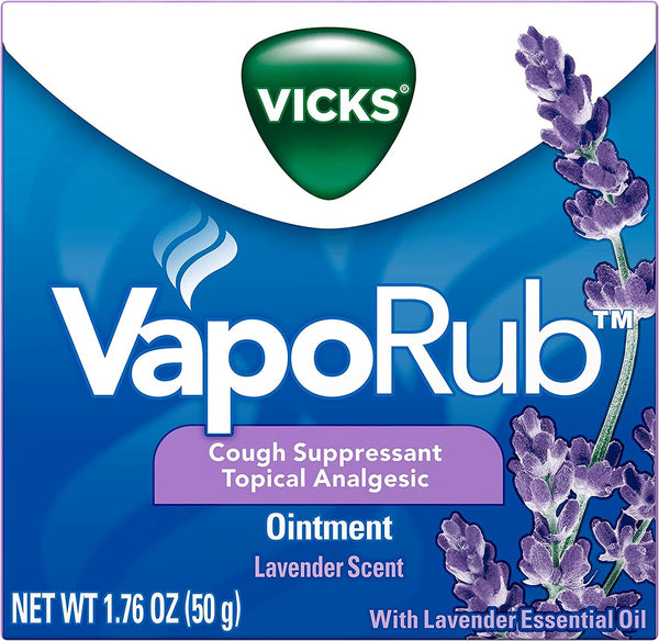 Vicks VapoRub, Lavender Scent, Cough Suppressant, Topical Chest Rub & Analgesic Ointment, Medicated Vicks Vapors, Relief from Cough Due to Cold, Aches & Pains, 1.76oz