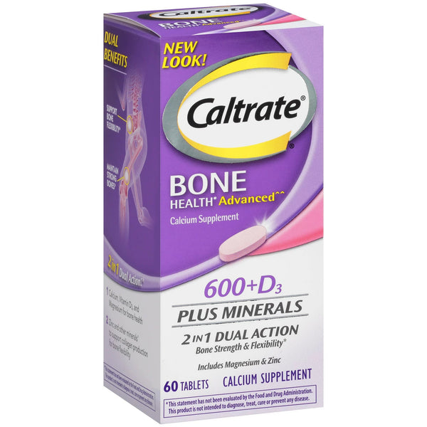 Caltrate Bone Health Advanced 600+D3 plus Minerals Calcium Tablets, 60 Ct