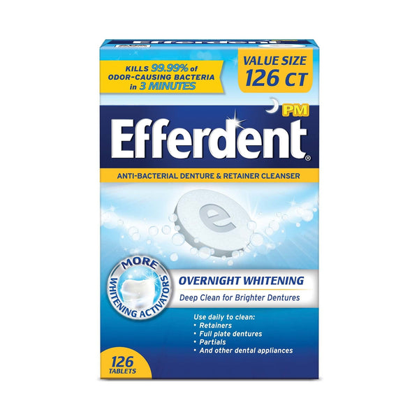Efferdent Retainer Cleaner & Denture Cleanser Tablets, Overnight Whitening, 126 Tablets