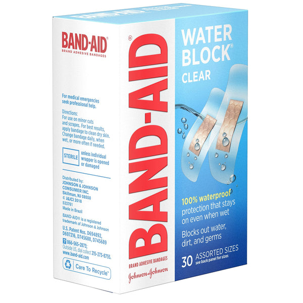 Band-Aid Brand Water Block Clear Waterproof Sterile Adhesive Bandages for First-Aid Wound Care of Minor Cuts and Scrapes, Assorted Sizes, 30 ct