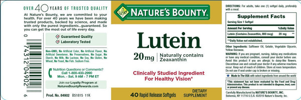 Nature's Bounty Lutein 20 mg 40 Softgels/Expiry 01/2025