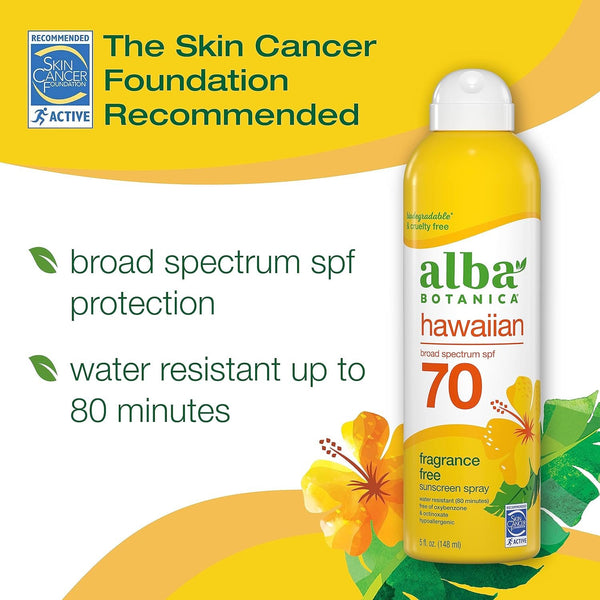 Alba Botanica Hawaiian Sunscreen Spray SPF 70, Fragrance Free, 5 fl oz