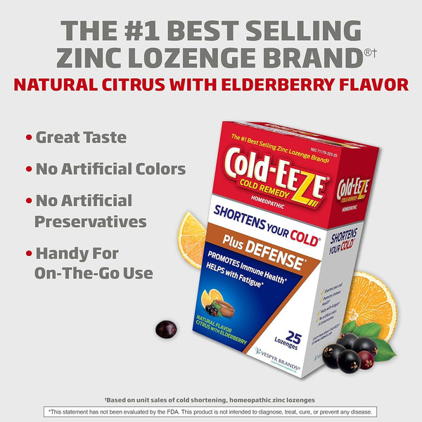 COLD-EEZE Plus Defense Natural Citrus with Elderberry Zinc Lozenges, Homeopathic Cold Remedy, Shortens Common Cold Symptoms, Promotes Immune Health with Sambucus Nigra, Echinacea and Rose Hips, 25 Ct